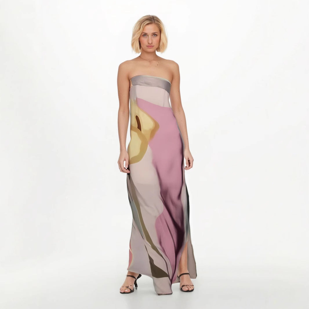 Women's Strapless Midi Dress – Light Fabric – Relaxed Fit – Abstract Pattern