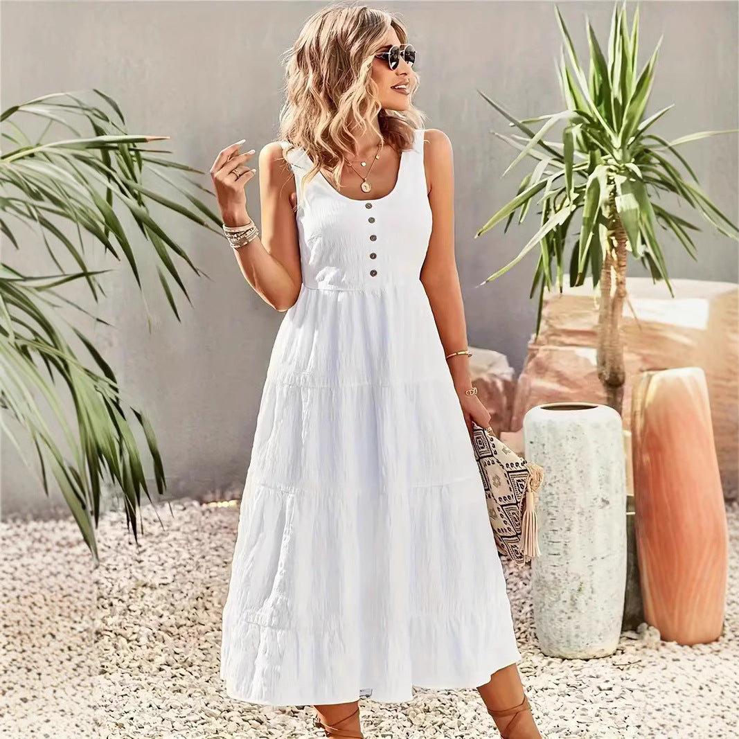 Women's Maxi Dress – Sleeveless A-line – U-neck – Layered Skirt – Button Front