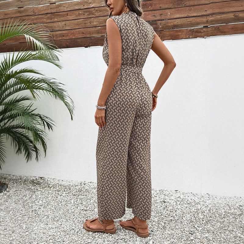 Dame jumpsuit – Ermeløs – Avslappet passform – Geometrisk mønster – Knytebelte – Full lengde