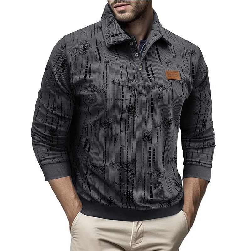 Men's Sweater – Relaxed Fit – Ribbed Knit – Button Collar – Patterned