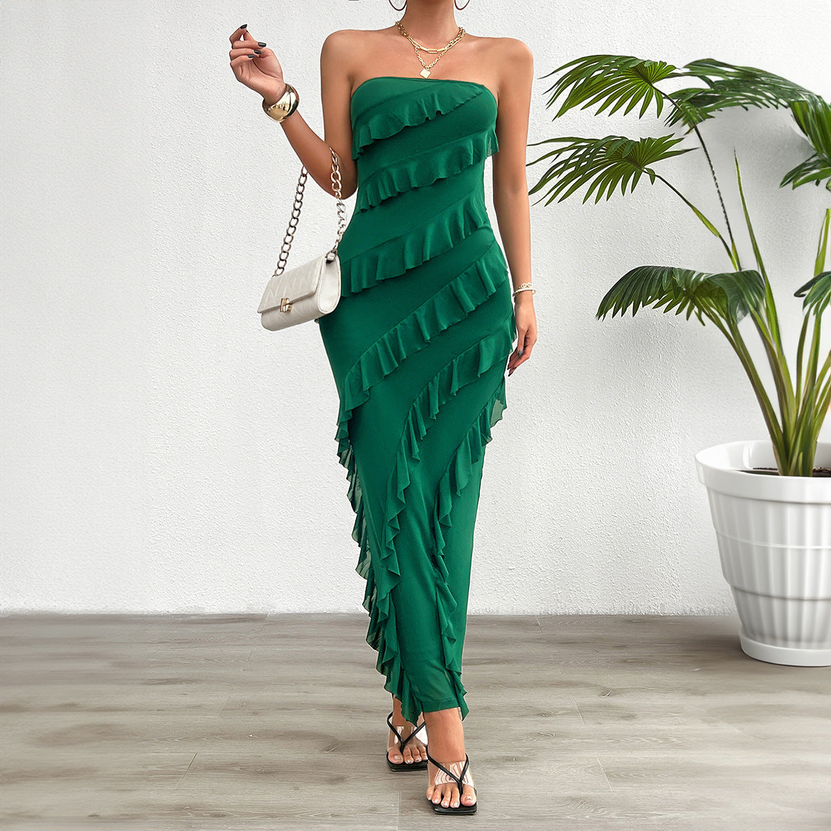 Dress for Women – Strapless – Slim Fit – Floor-Length – Asymmetric Ruffle