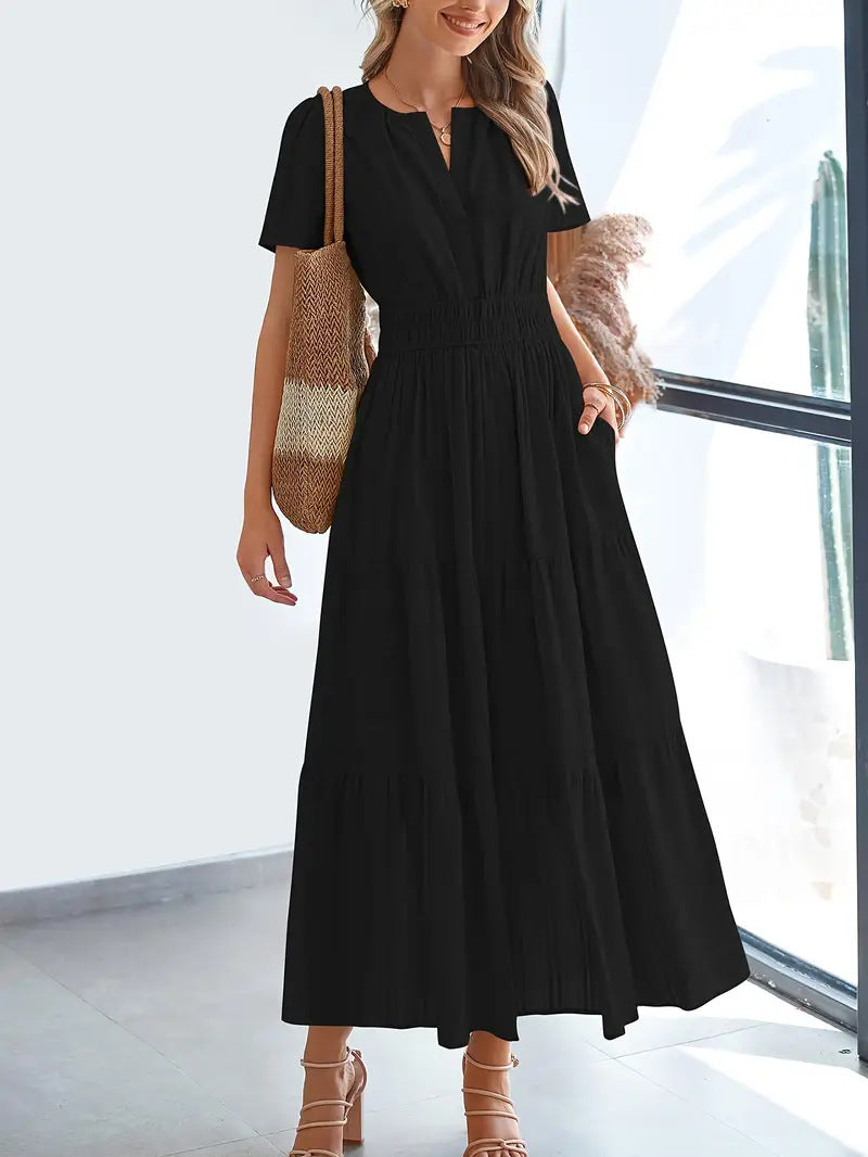 Women's Maxi Dress – V-Neck – Puff Sleeves – Light A-Line – Ruched Waist – Layered Skirt