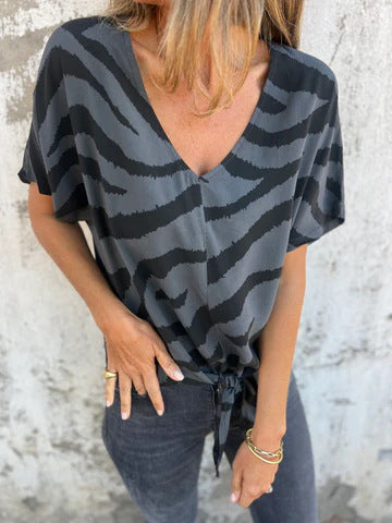 Women's Short Sleeve Top – Zebra Pattern – V-neck – Knot Detail – Relaxed Fit