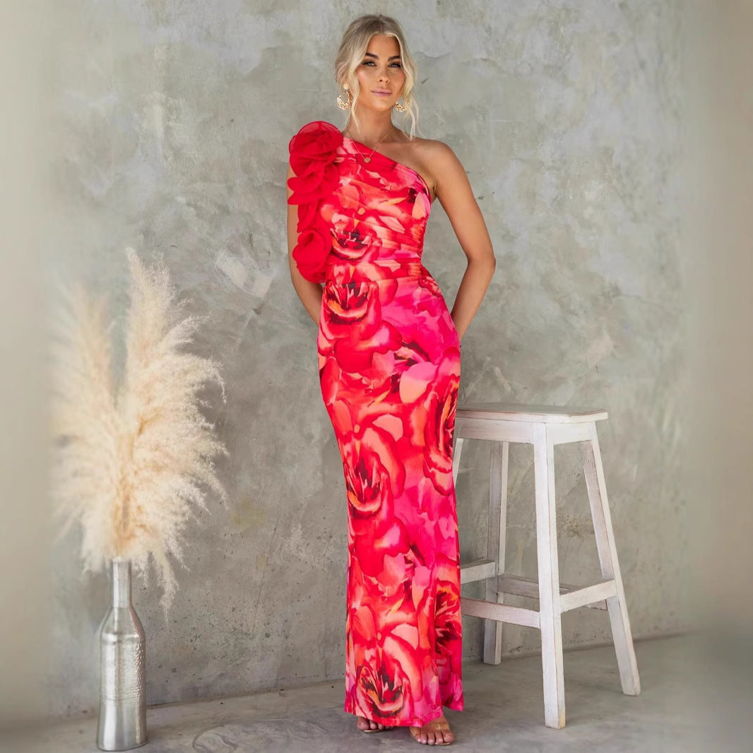 Dress for Women – Slim Fit – One Shoulder – 3D Flower – Satin-like Fabric