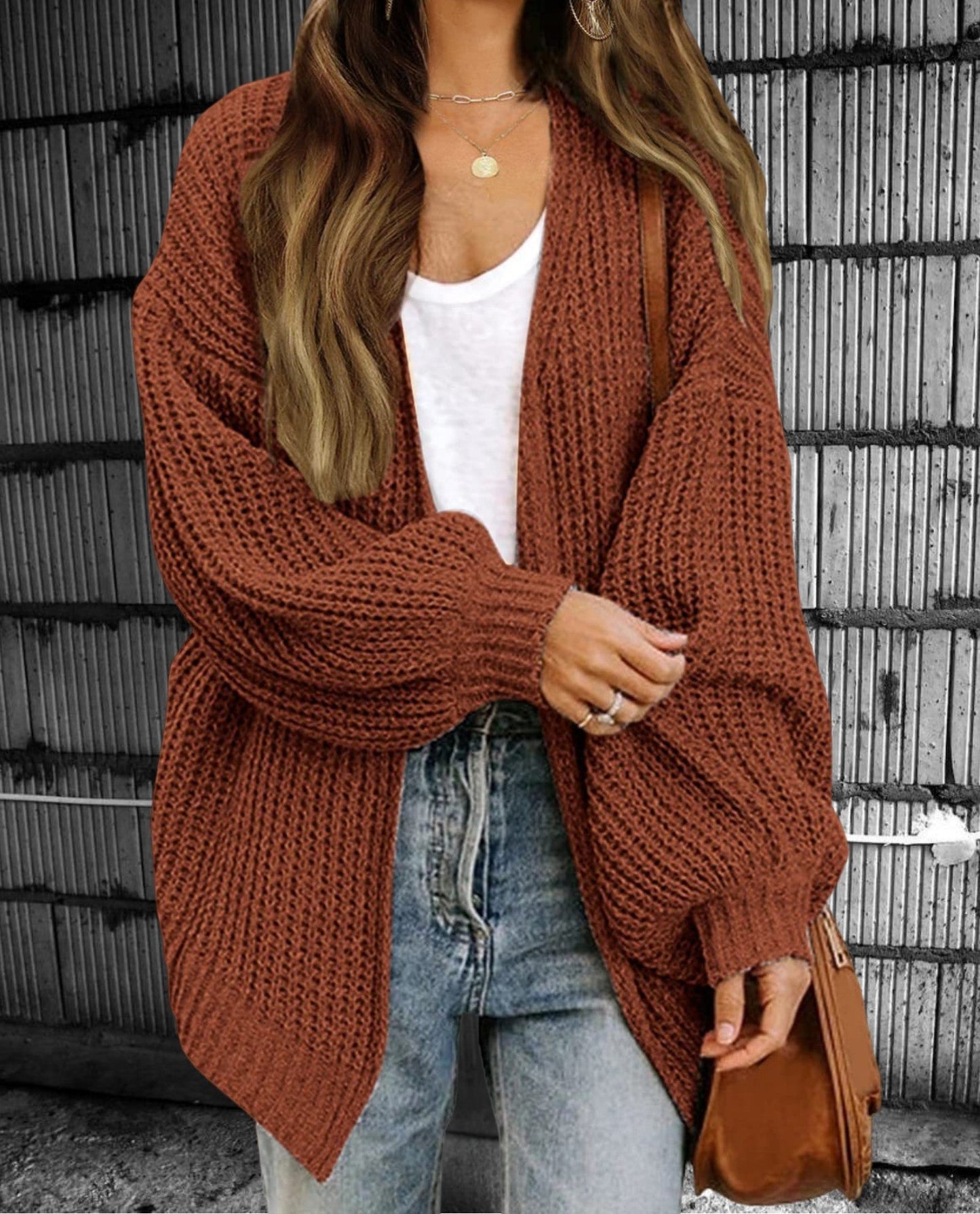 Women's Cardigan – Chunky Knit – Oversized Fit – Open Front – Balloon Sleeves
