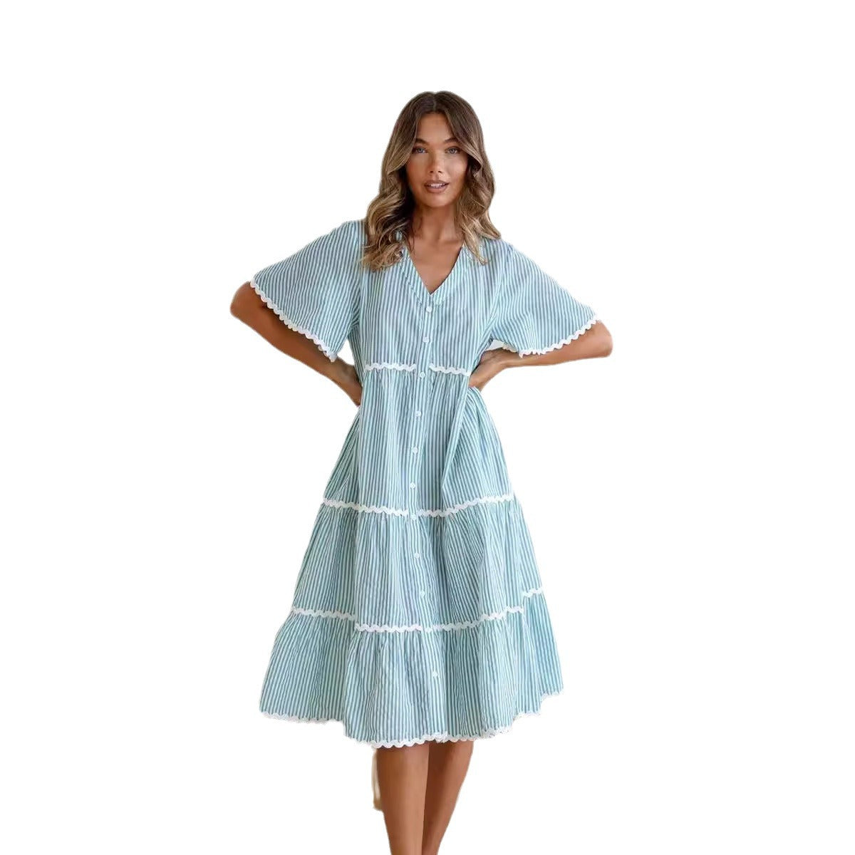 Dress for Women – V-neck – Loose Fit – Lace Trim – Knee-length with Ruffles