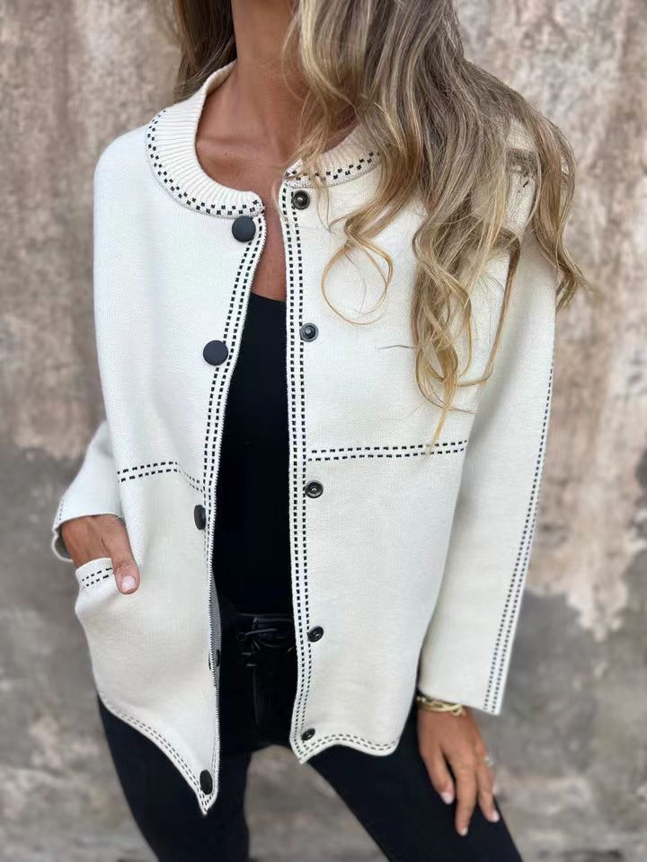 Women's Cardigan – Loose Fit – Knitted Texture – Button Front – Round Neck