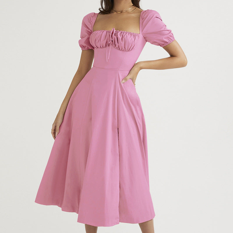 Kjole for dame – Off-Shoulder – Pufferm – Sløyfedetalj – Høyt splitt – Midi A-linje