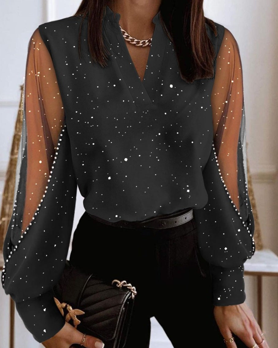 Women's Blouse with Lace Sleeves – V-Neck – Floral Transparent Sleeves – Relaxed Fit