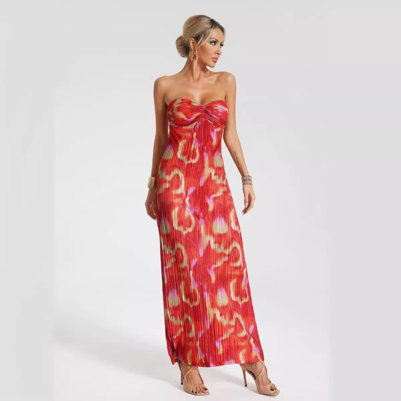 Dress for Women – Strapless Maxi Dress – Slim Fit – Pleated Fabric – Abstract Pattern