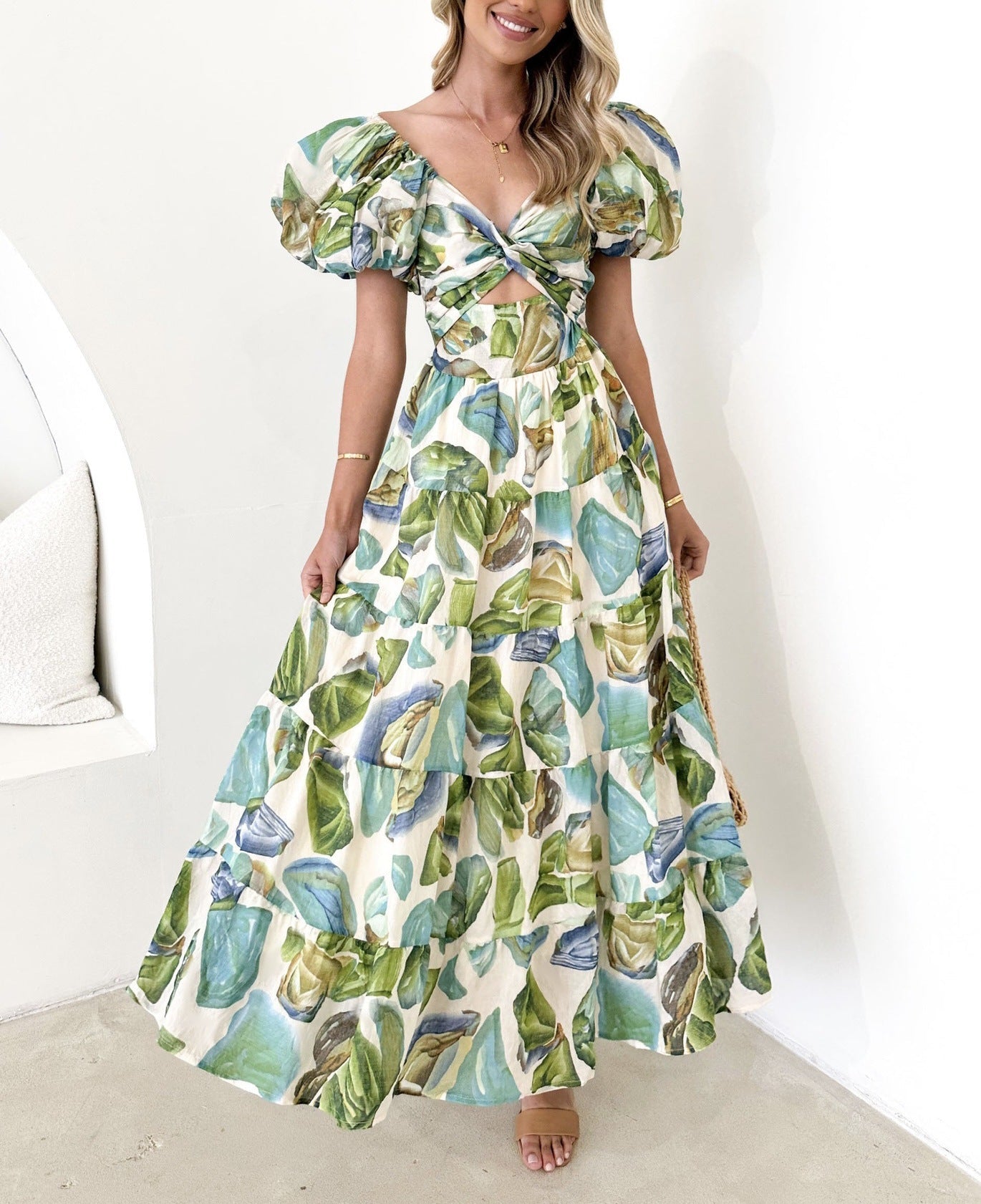Dame Maxi Kjole – Elegant Print – Pufferm – Avslappet Passform – Lett Bomull
