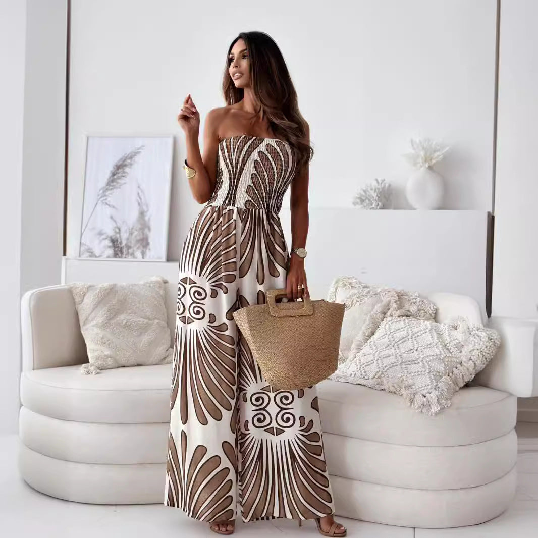 Dame Jumpsuit – Stroppeløs Vid Legg – Smockt Liv – Lett Pustende Stoff – Mønstret