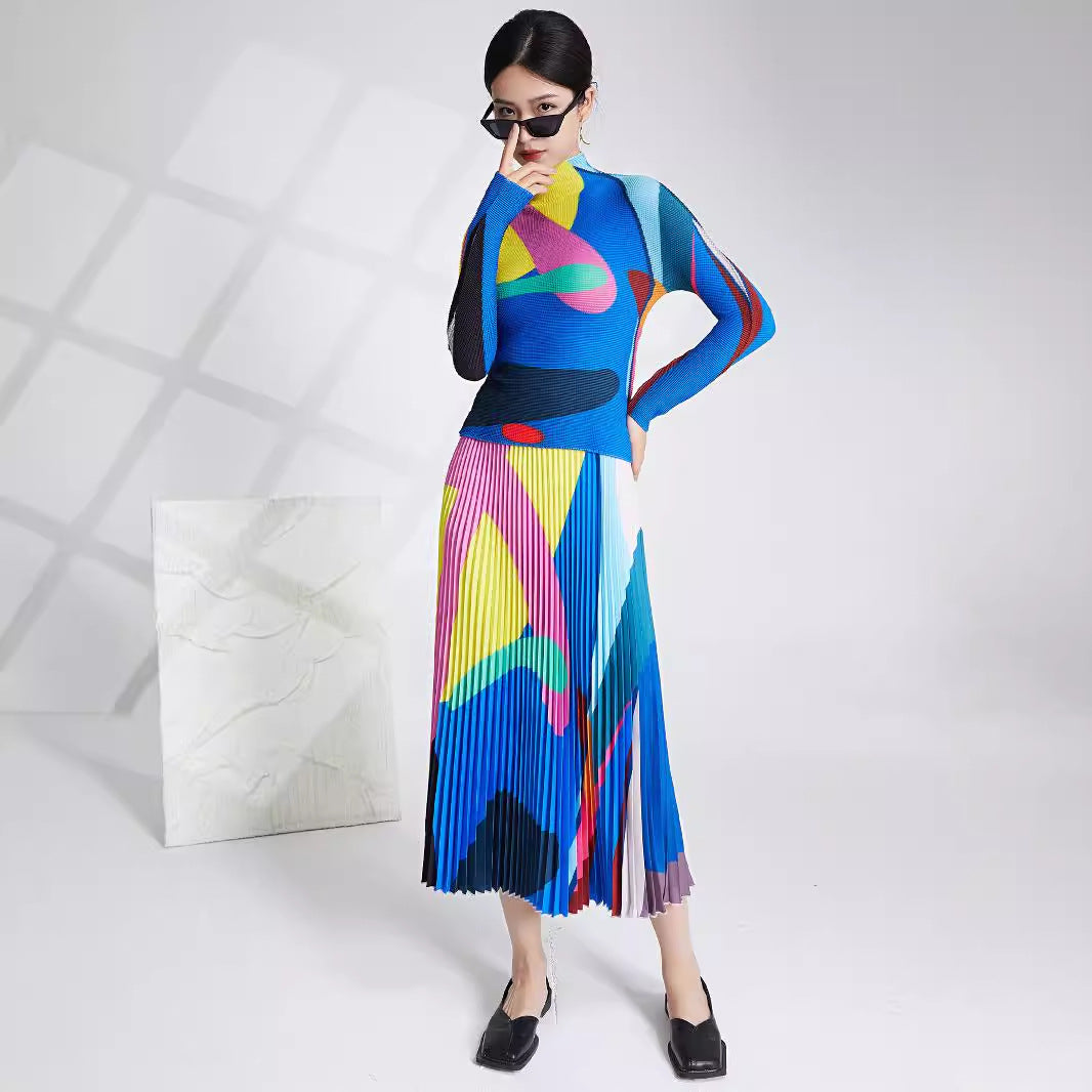 Women's Dress Set – Fitted Top with High Neck – Pleated Midi Skirt – Elastic Fabric