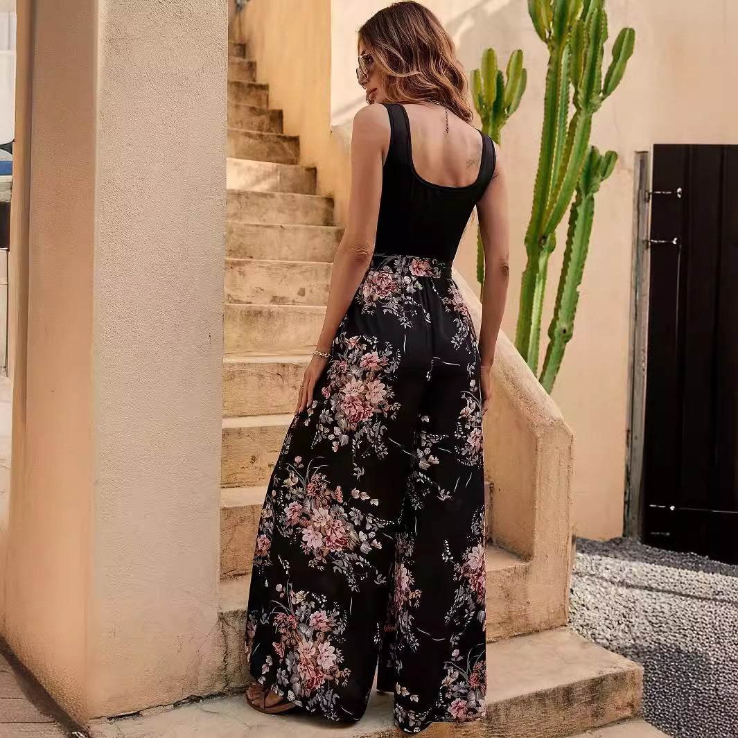 Women's Jumpsuit – Sleeveless – Relaxed Fit – Floral Print – Full Length