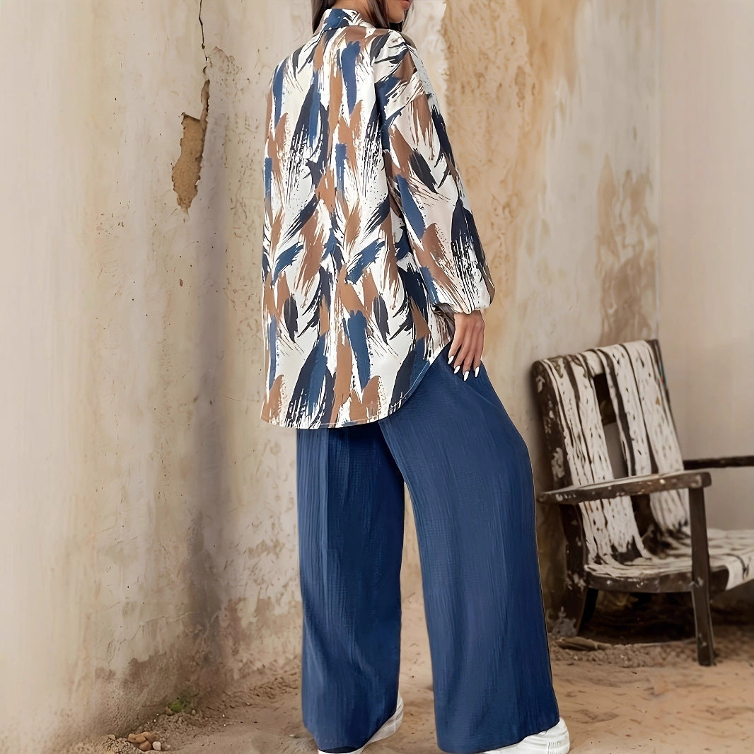Women's Set – Printed Long Sleeve Blouse – Wide Leg Pants – Comfortable Fit