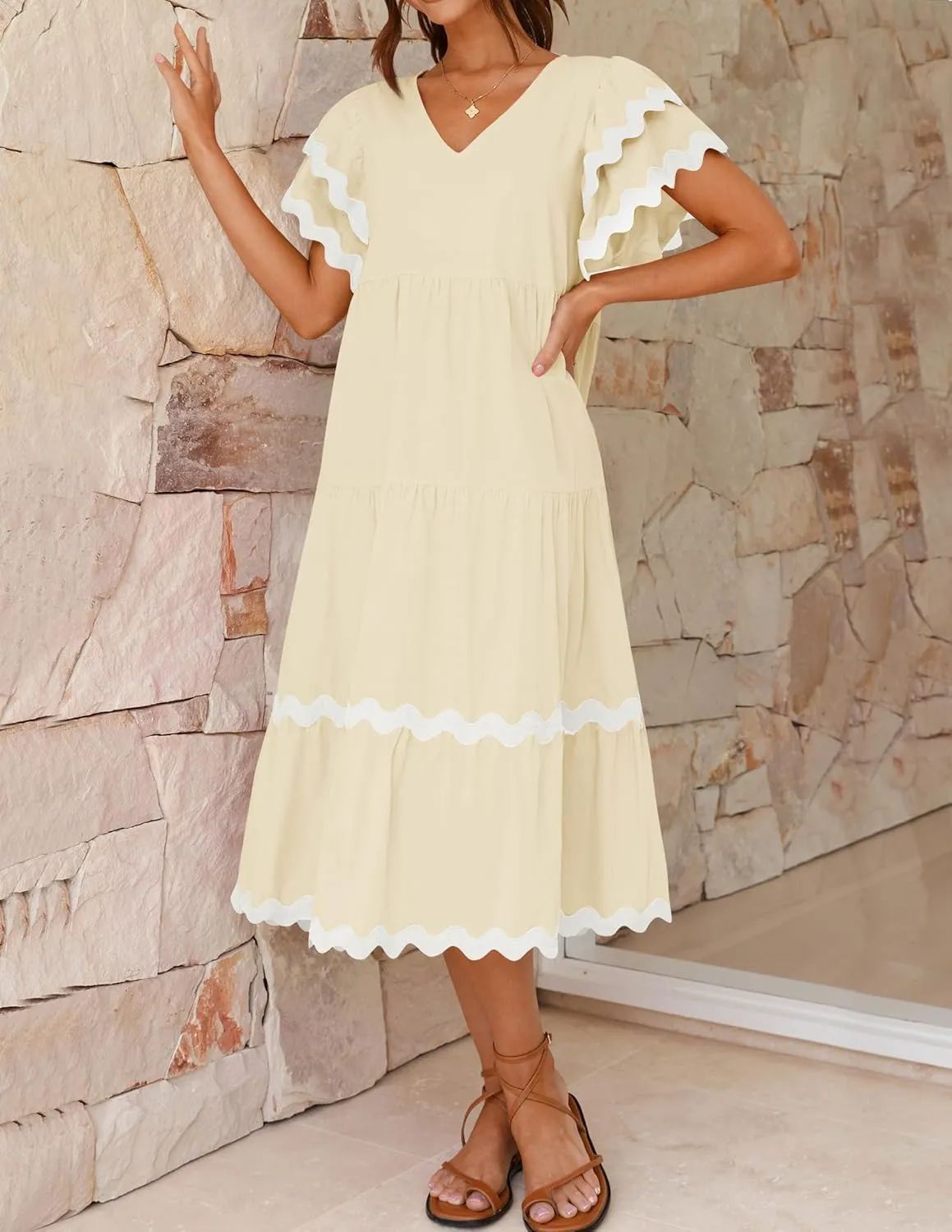 Women's midi dress – relaxed fit – v-neck – ruffle sleeves – breathable fabric
