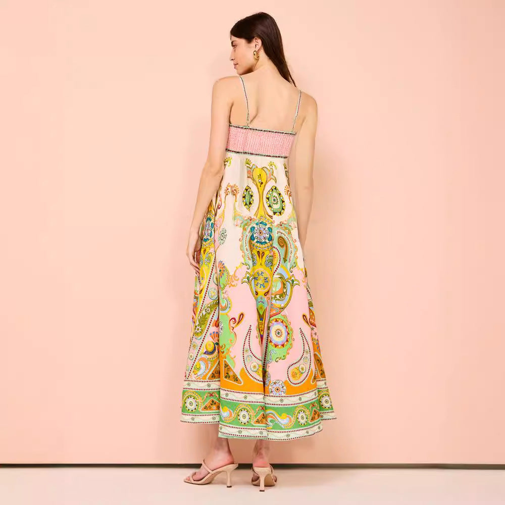 Women's midi dress – A-line fit – Smocked bodice – Spaghetti straps – Patterned