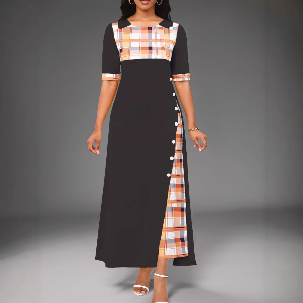 Dress woman long – Tailored fit – Round neck – Mid sleeve – Asymmetric check pattern
