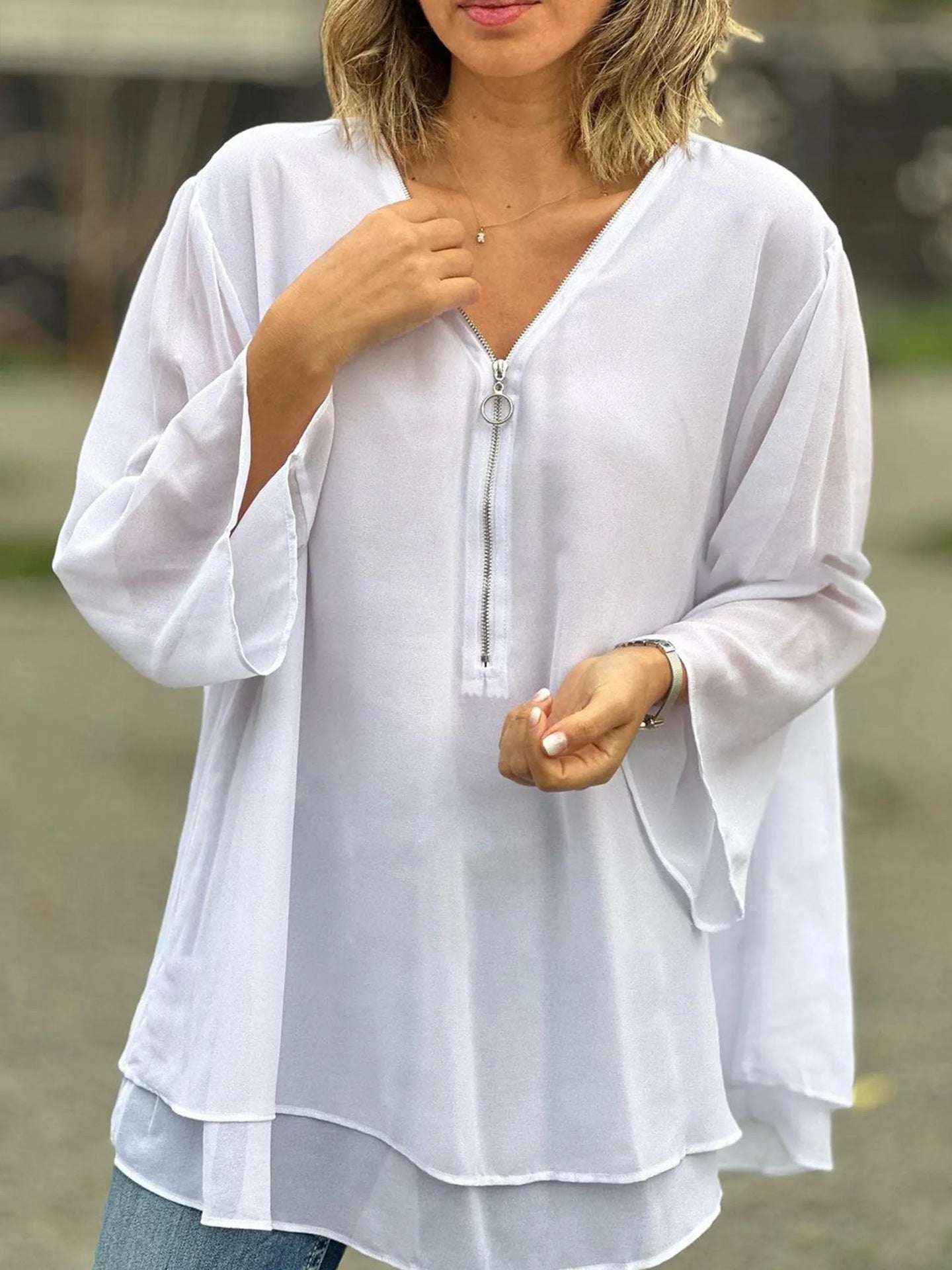 Women's Blouse – Chiffon – Loose Fit – V-neck with Zipper – 3/4 Sleeves – Layered Hem