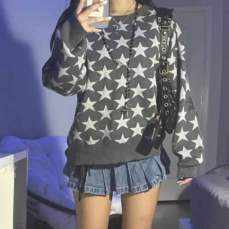 Women's Sweater – Oversized Fit – Cotton Blend – Round Neck – Star Pattern