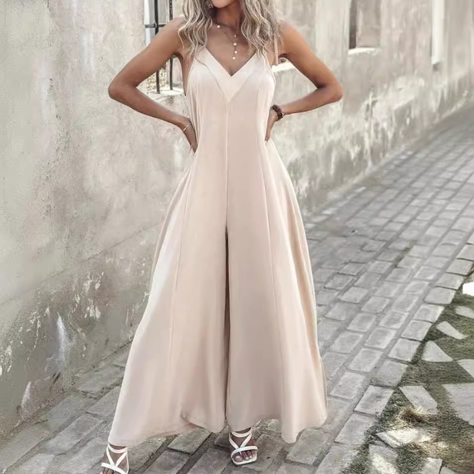 Women's Jumpsuit – V-neck – Spaghetti Straps – Wide Legs – Relaxed Fit – Defined Waist