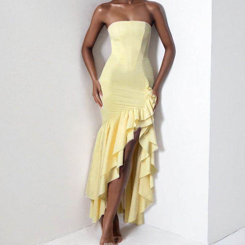 Dress for Women – Strapless – Slim Fit – Asymmetric Ruffle Hem – Floor-Length Party Dress