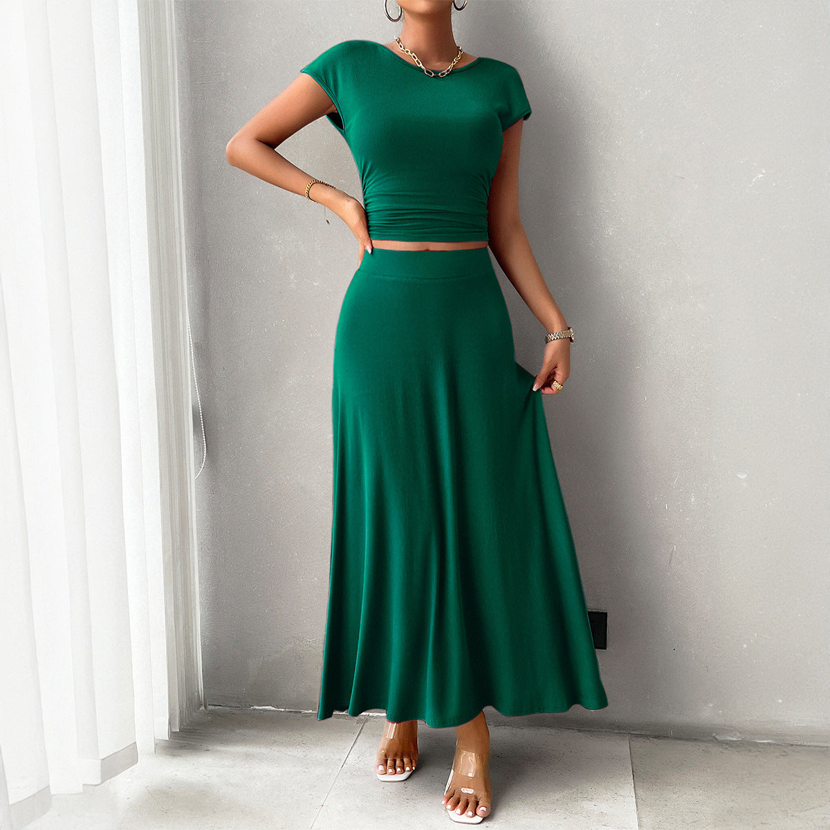 Dress Set Women – Slim Fit Crop Top – Ruched Detail – Long Flowing Skirt
