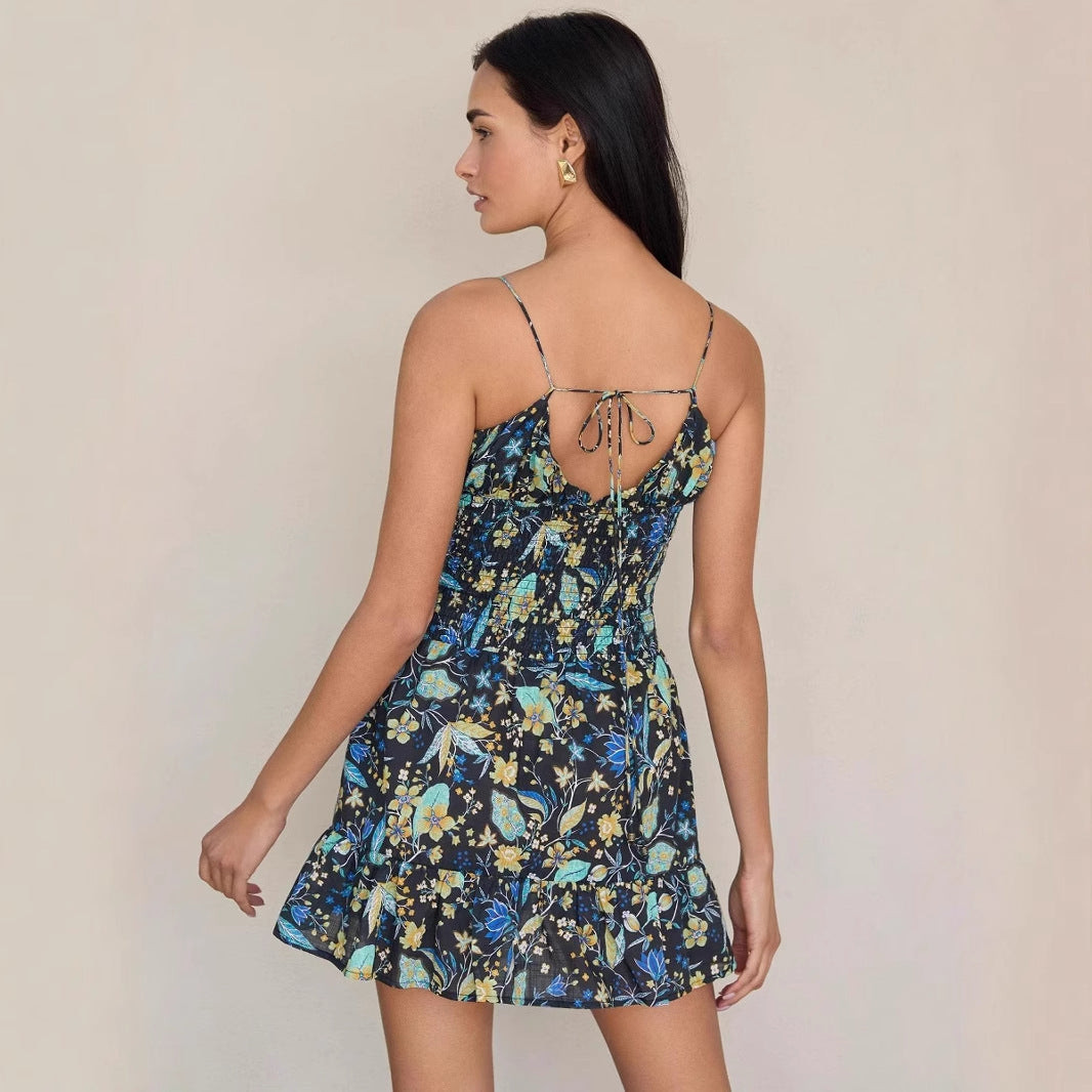 Women's Dress – Cotton – Smocked Bodice – A-line – Spaghetti Straps – Short Length