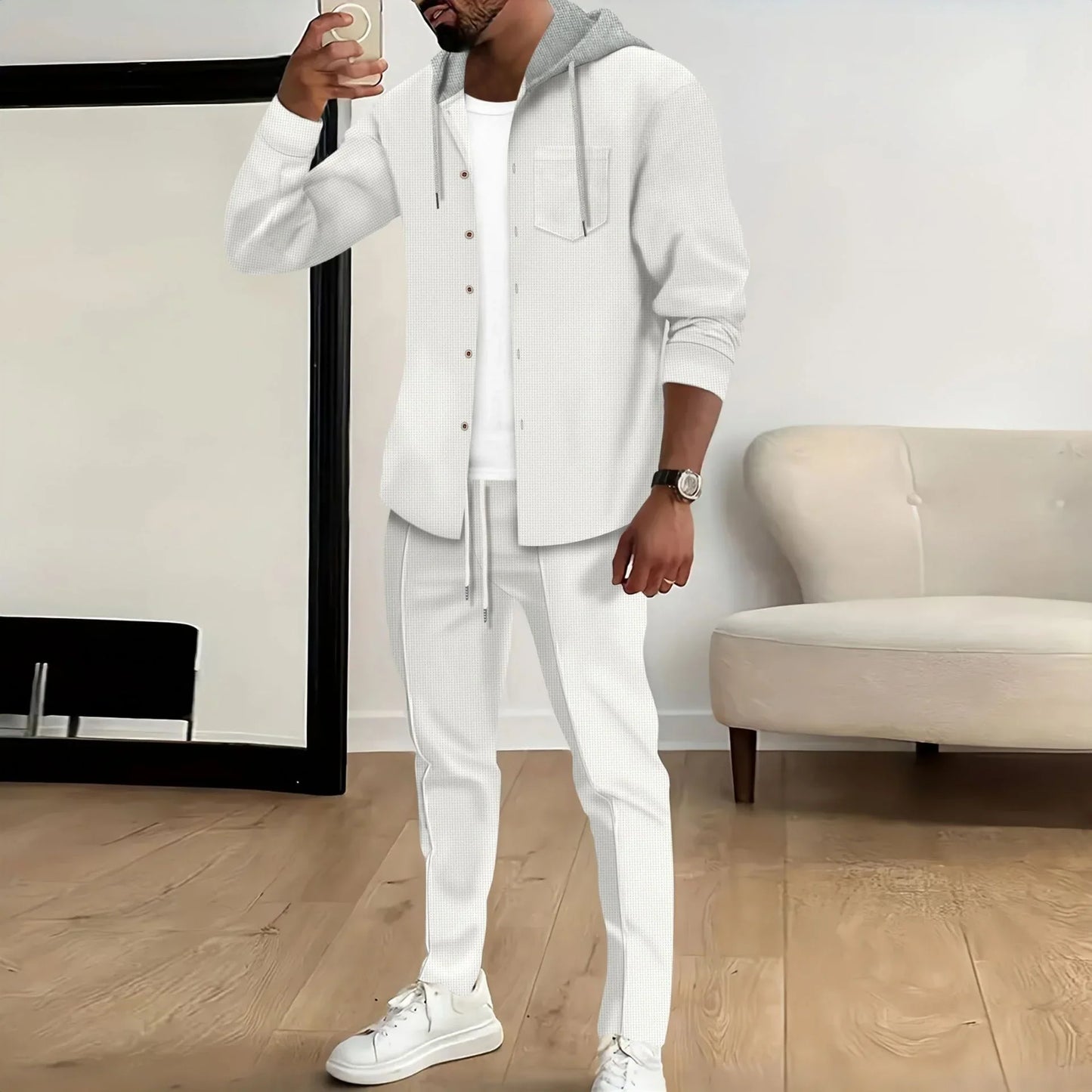 Men's Jacket with Hood – Relaxed Fit – Cotton Blend – Button Front – Chest Pocket