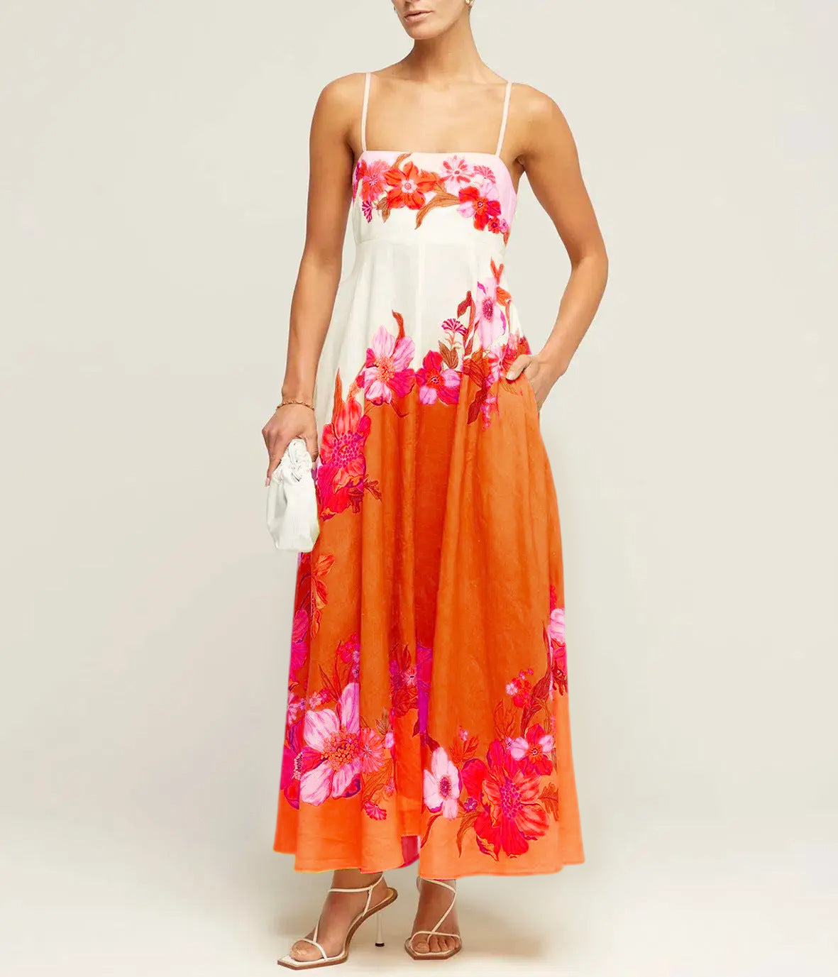 Women's midi dress – A-line fit – Smocked bodice – Spaghetti straps – Patterned