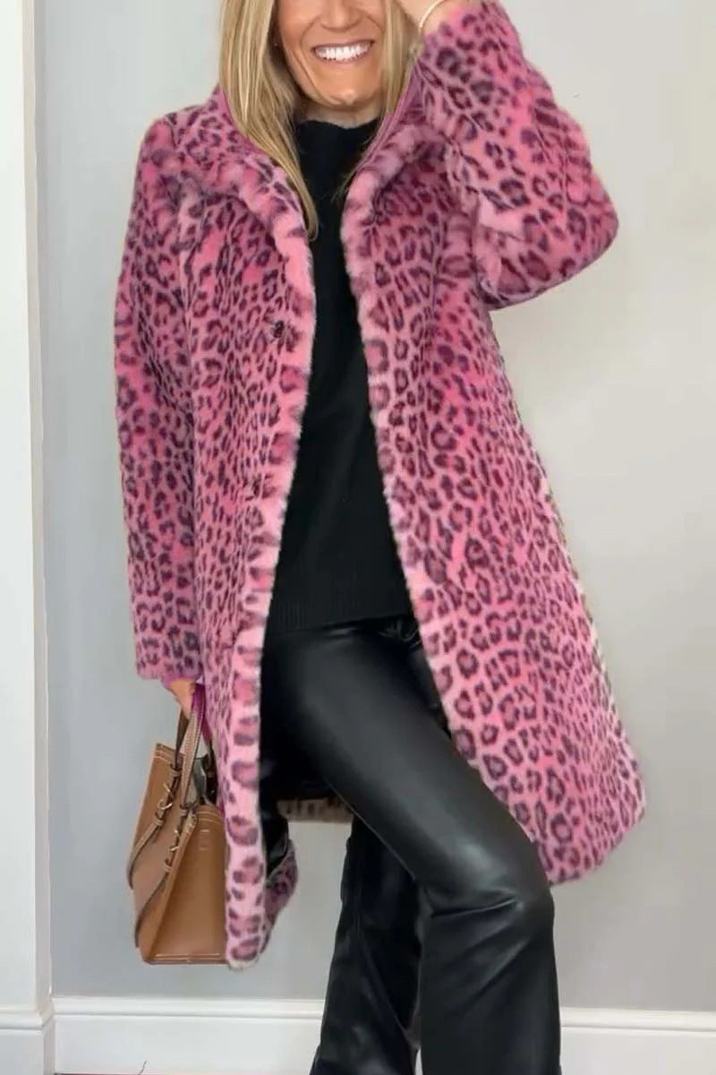 Women's Coat – Faux Fur – Oversized Fit – Animal Print – Open Front – Notch Collar