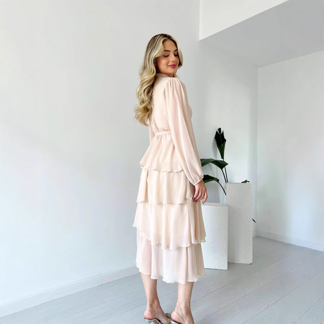 Dress woman – chiffon – midi length – A-line with ruffles – long sleeves – tie at the waist