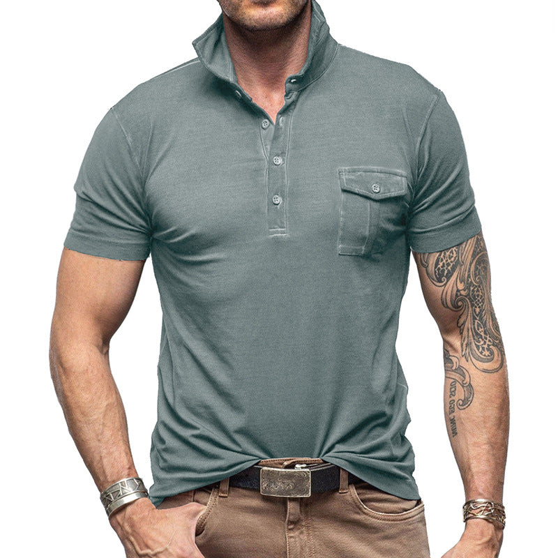 Men's Pique Shirt – Slim Fit – Short Sleeve – Breathable Cotton – Stand Collar – Chest Pocket