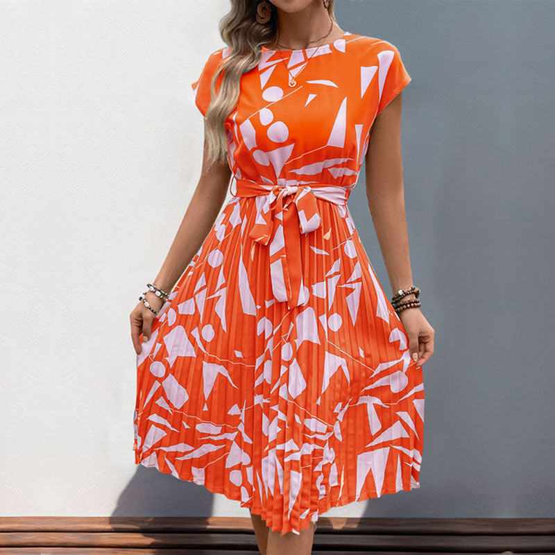 Dress woman midi – pleated A-line – geometric pattern – belt – short sleeve