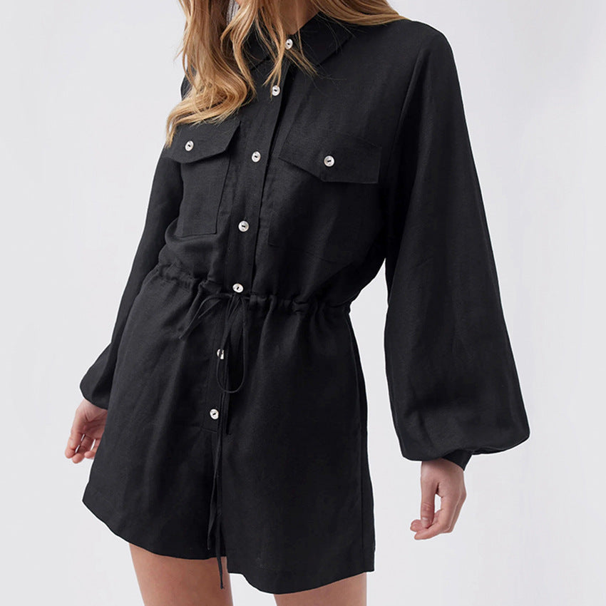 Women's Romper – Cotton Linen Blend – Relaxed Fit – Buttons – Drawstring Waist