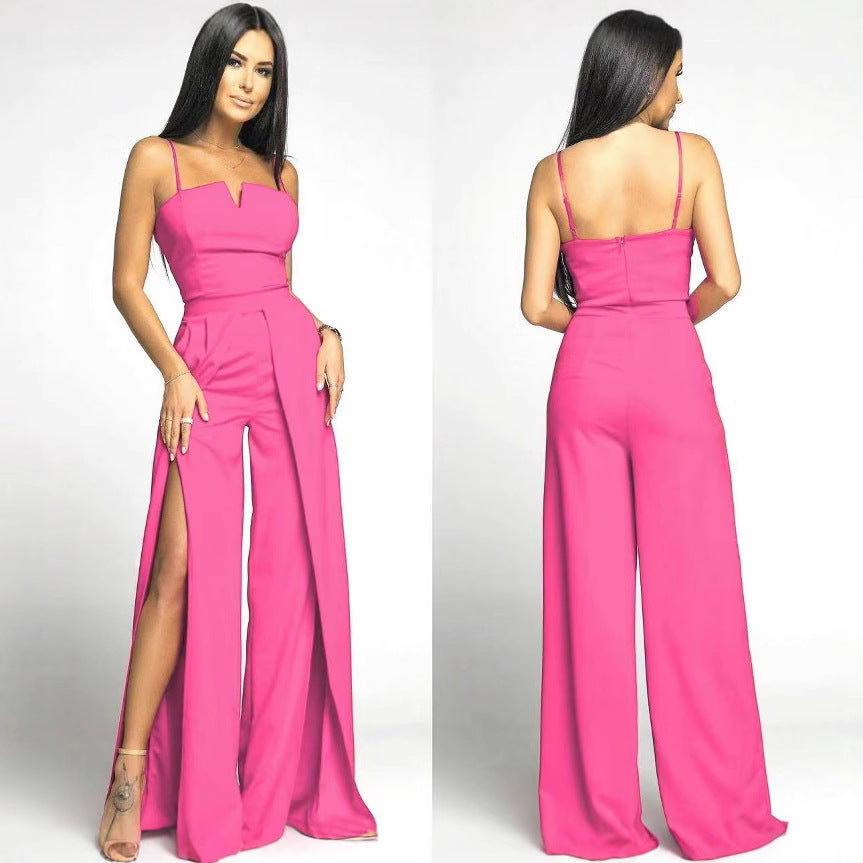 Dame Jumpsuit – Smal Passform – Stroppeløs – Vide Ben med Splitt – Elegant Festantrekk