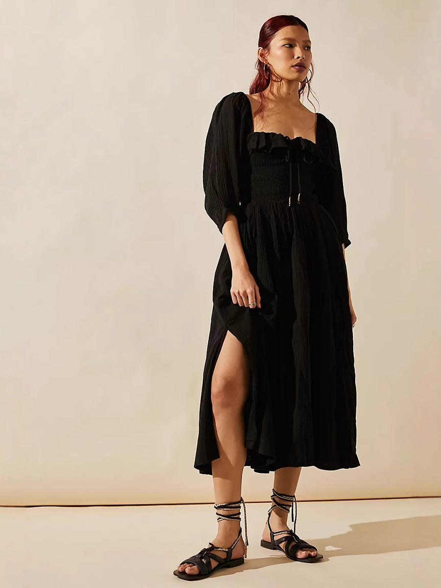 Dress for Women – A-line – Smocked Bodice – V-neck with Ruffles – Long Sleeves – Midi