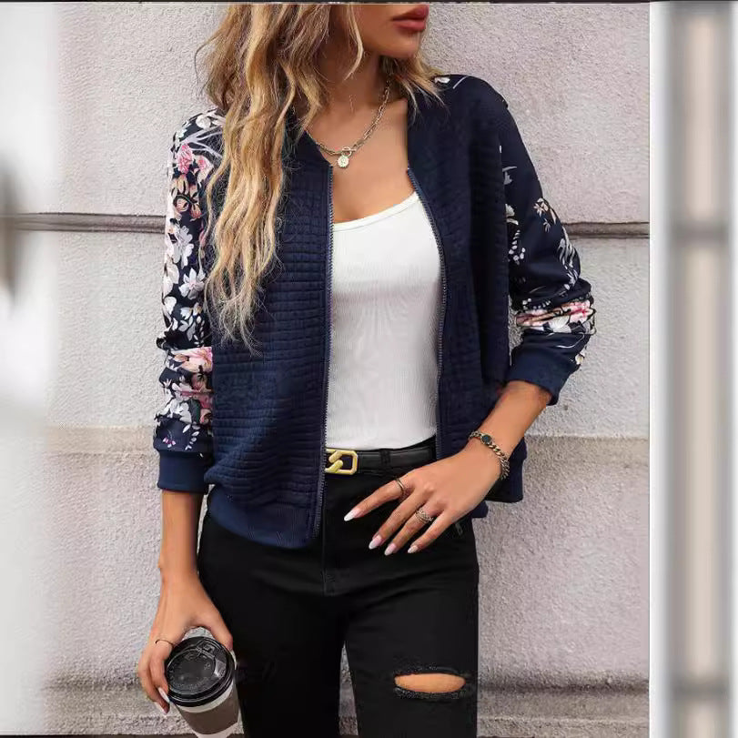 Women's Jacket – Regular Fit – Padded Body – Floral Sleeves – Zipper