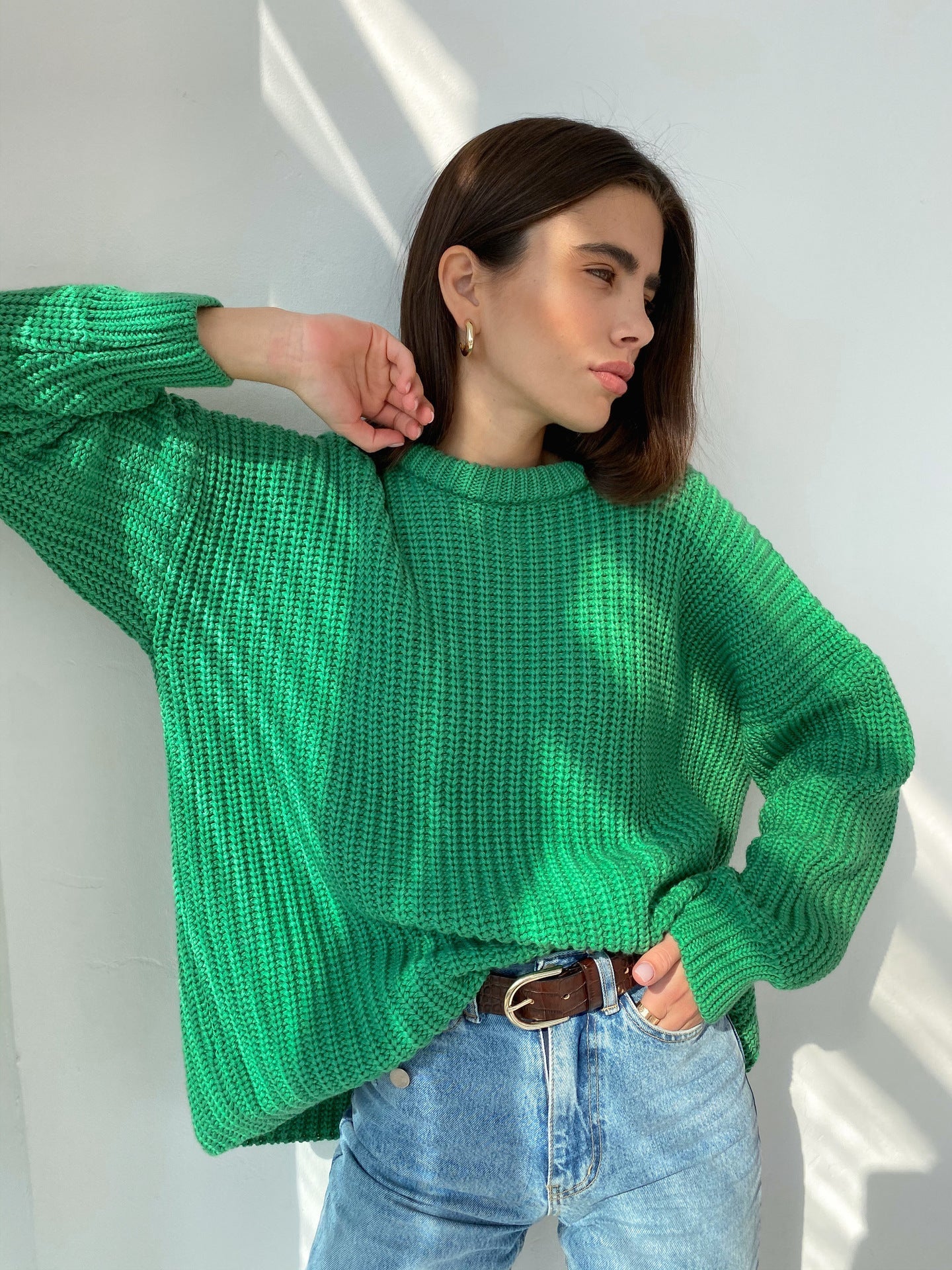 Women's Sweater – Knitted Oversized Fit – Ribbed Texture – Relaxed Round Neck