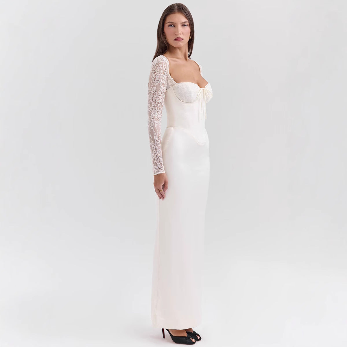 Dress for Women – Satin Bodycon Fit – Lace Sleeves – Heart Neckline