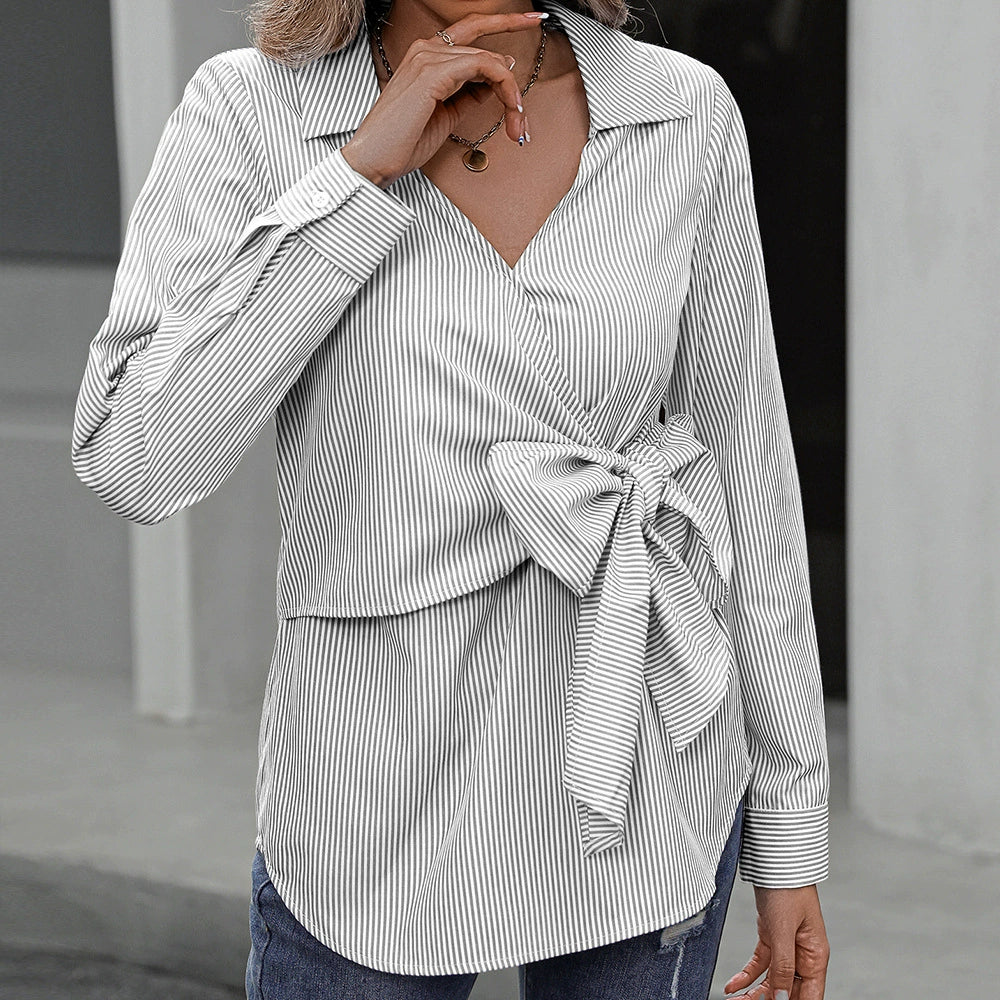 Women's Shirt with Long Sleeves – Slim Fit – Tie Detail at Waist – Stripe Pattern – Cotton Blend