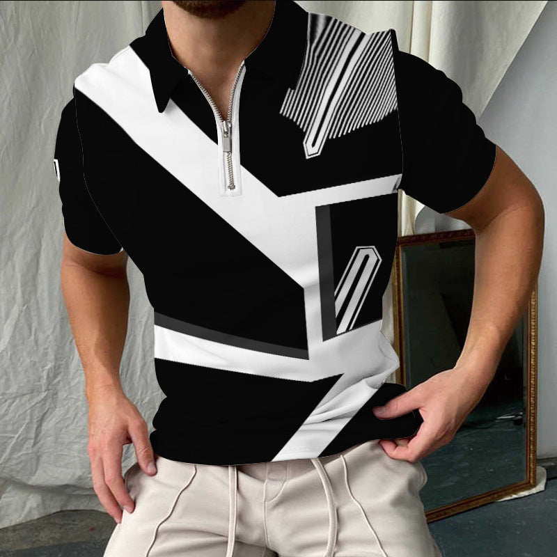 Men's Polo Shirt – Slim Fit – Check Pattern – Short Sleeve – Zipper Collar