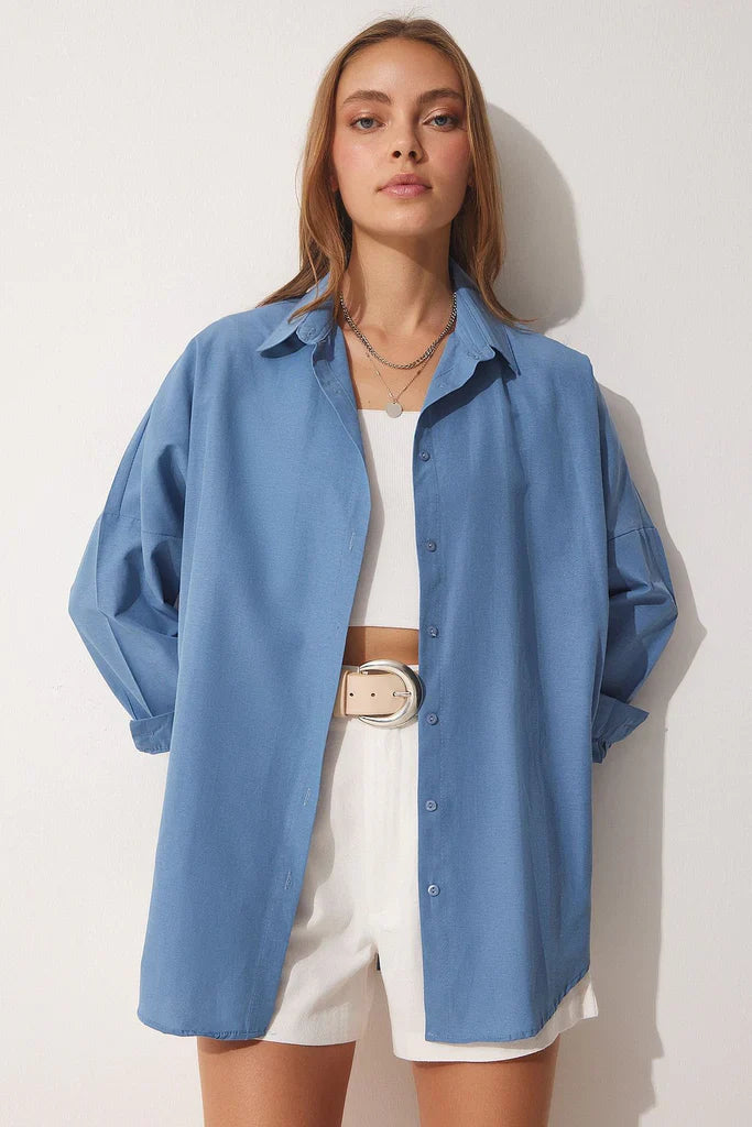 Women's Blouse – Oversized Fit – Long-Sleeved – Cotton Blend – Shirt Collar