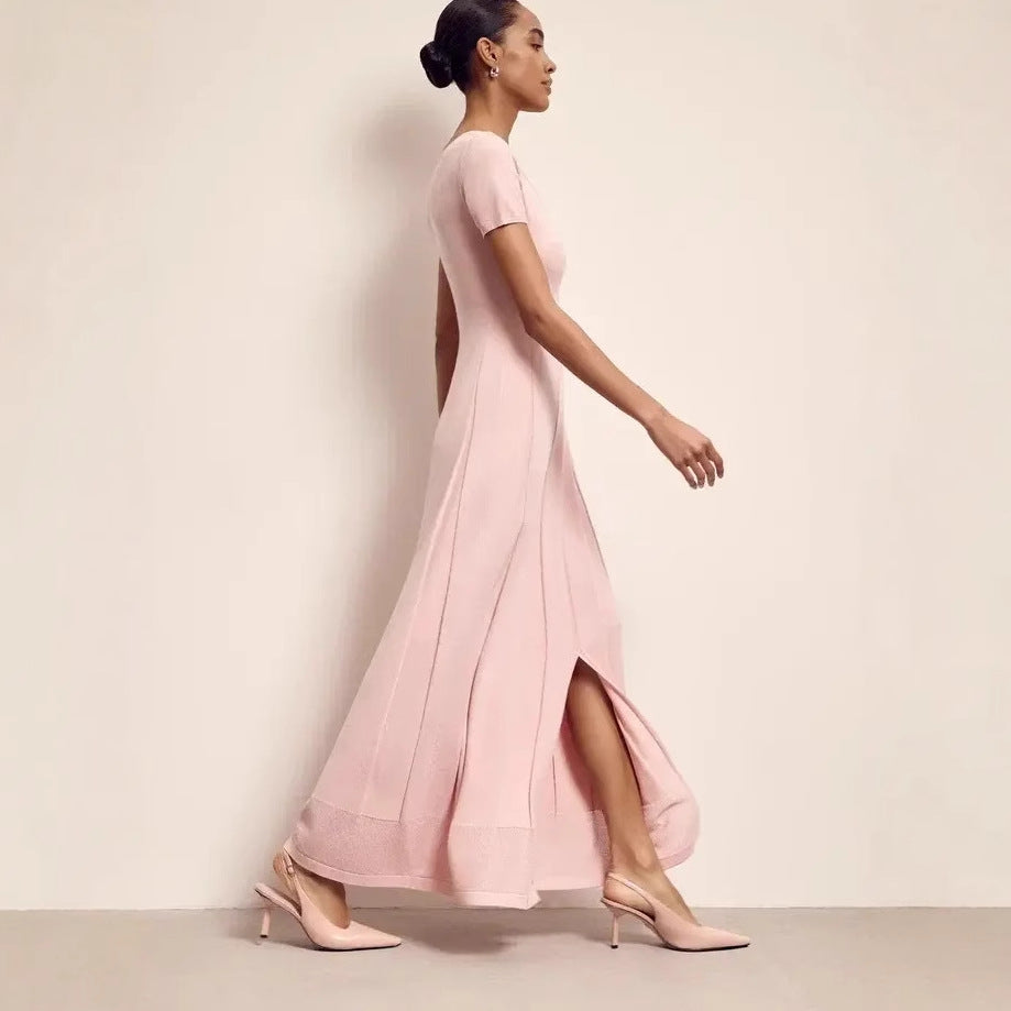 Dress woman maxi – Slim fit – V-neck – Short sleeves – Pleating and slit