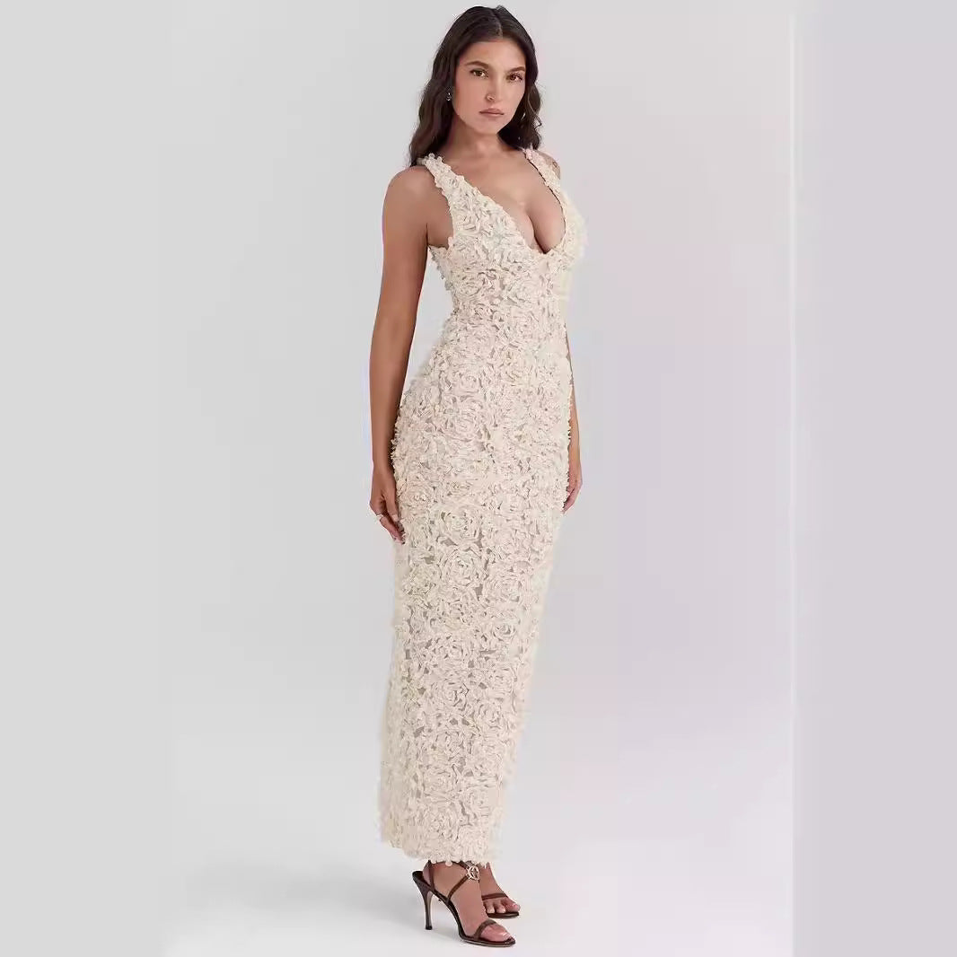 Dress for Women – Slim Fit – 3D Floral Texture – Deep Neckline – Ankle Length