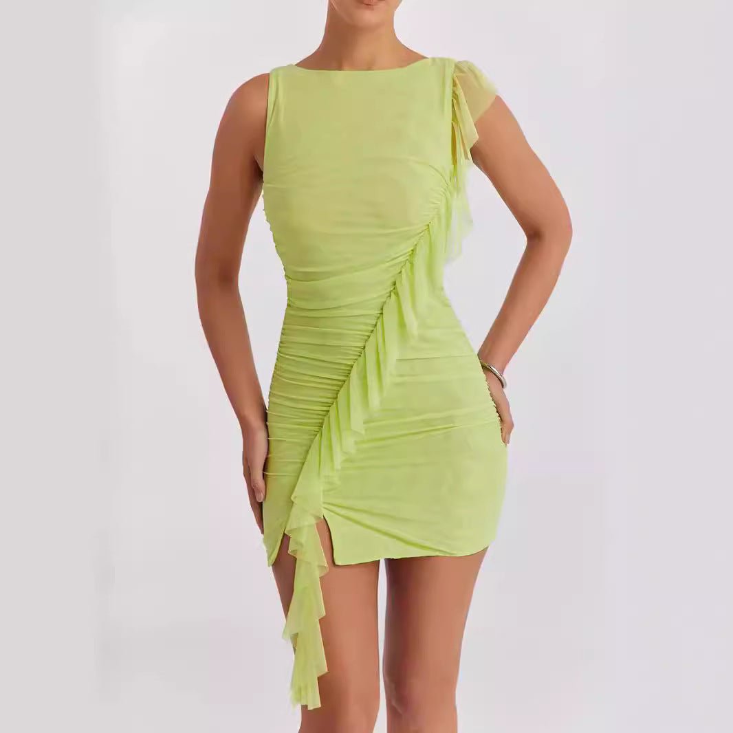Dress for Women – Tight Fit – Sleeveless Backless – Ruffle and Ruched Details – Mini Length