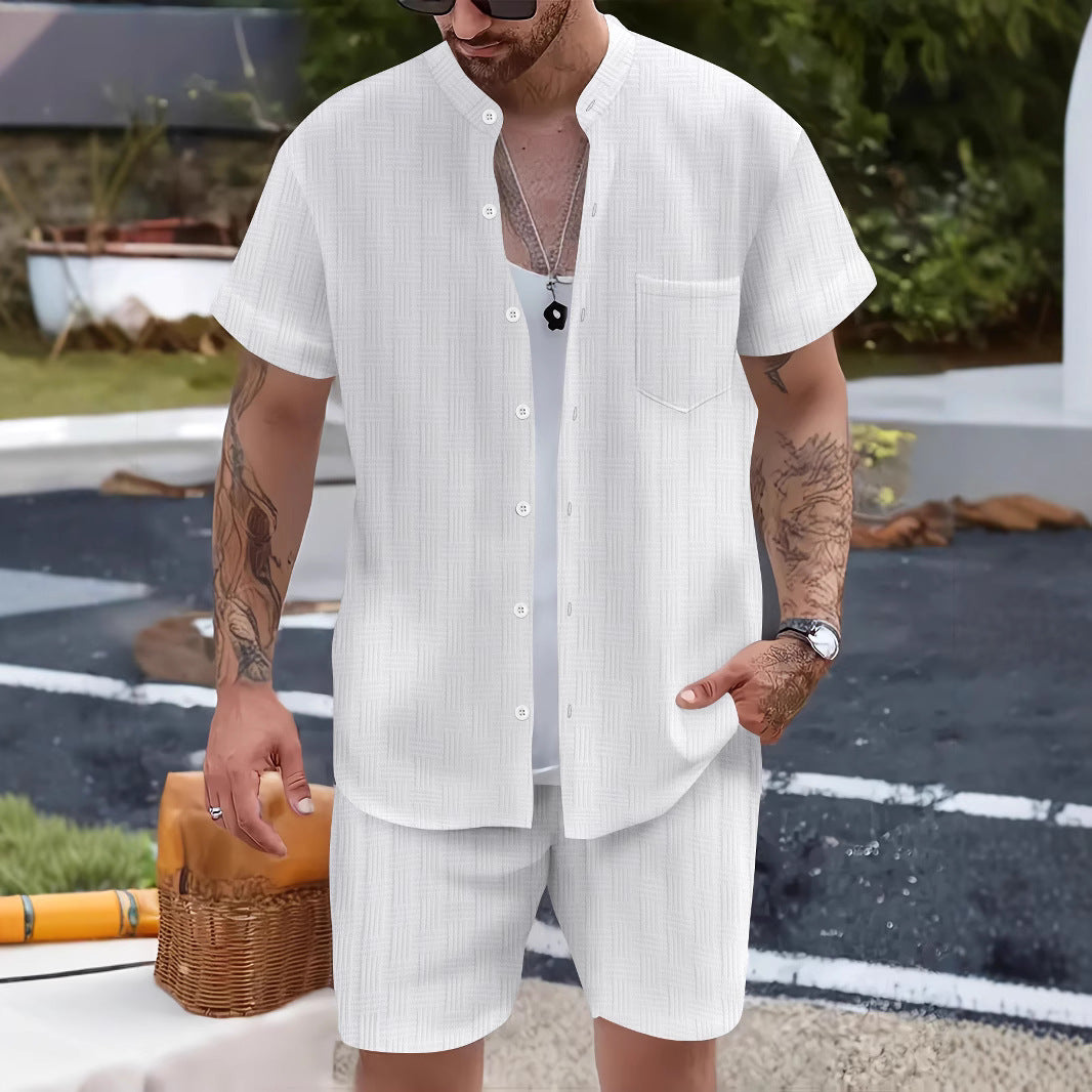Men's Set – Henley Collar Shirt and Shorts – Lightweight Breathable Relaxed Fit