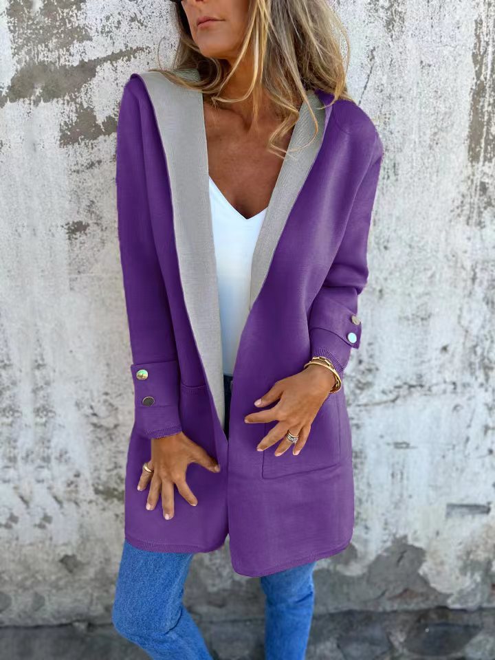 Women's Cardigan with Hood – Soft Knit – Relaxed Fit – Contrast Trim – Pockets