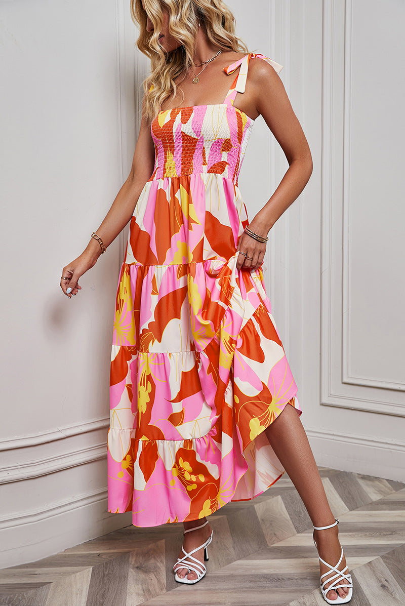 Dress for Women – Smocked Bodice – Tie Straps – A-line with Ruffles – Backless Design