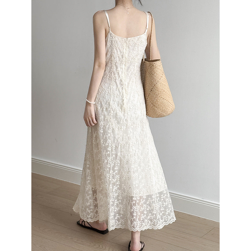 Dress woman maxi dress – lace – slim fit – embroidered floral pattern – V-neck